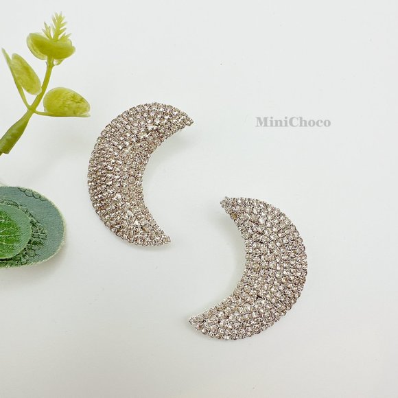 Crescent Moon Rhinestone Stud Earrings - Picture 3 of 9